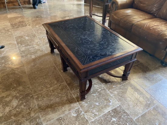 Engraved Metal and Wood Coffee Table