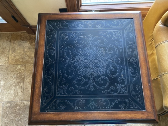 Engraved Metal and Wood End Table
