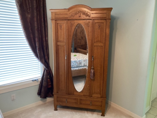 Antique Tiger Oak Carved Wood Small Armoire