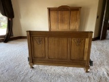 Antique Tiger Oak Carved Wood Bed w/ Queen Frame
