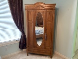 Antique Tiger Oak Carved Wood Small Armoire