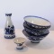Set of 4 Blue Bowls & 2 Small Vases