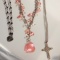 Set 3 - 1920's Vintage Fashion Necklace Black Heart, Silver Cross, Pink Bea