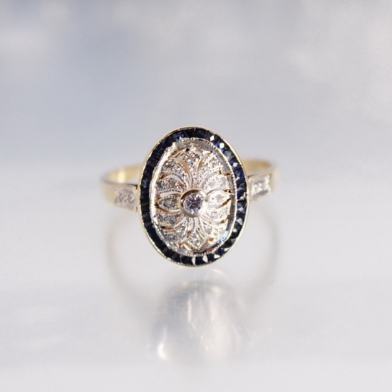 14K Gold/Diamond Ring Round Diamonds (Center is 5 Points) With Antique Cut Sapphire Surround