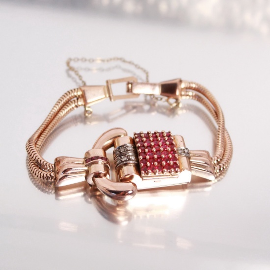 14k Gold & Ruby Watch Bracelet With Hinged Lid, Crusted With Rubies, Lucien P