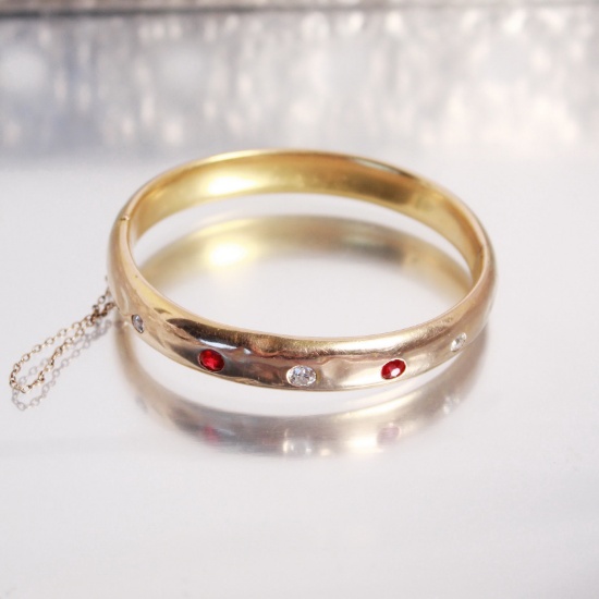 10k Gold/Diamond/Ruby, Hollow Ware Hinged Bracelet, Set with 3 Diamonds and 2 Rubies,