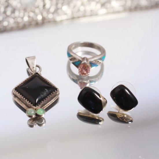 Set- AK 925 stone Ring and  Black Pendant Pair Black and Gold Earrings