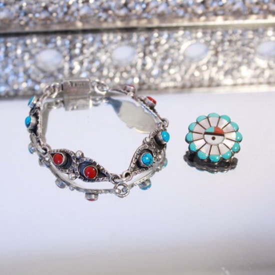 Set TD-102 Srterling Silver/Red and Turquoise Bracelet, Turquoise/Mother Of Pearl Pin