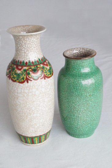 Includes 2, Crackled Vases, one Green and other Tan With Red and Green Desi