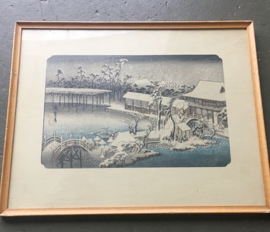 Vintage Snowing Town Scene Print