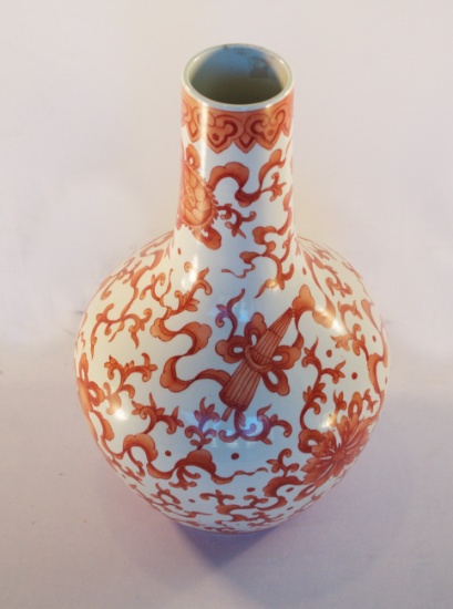 Antique Oriental orange and white swirl floral vase