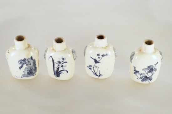 set 4  Antique White Milkglass Snuff Bottles With Blue Flowers