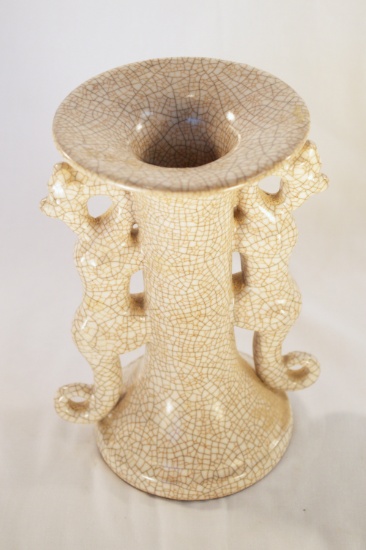 Chinese Crackled Tan and White Vase With Creauture Handles