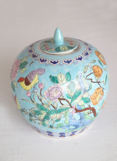 Light Blue Globular Shape Vase With Cover  Birds and Tree Design