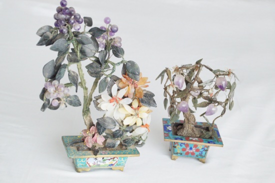 Set of 2, Rectangle With Goose Base - With Tree and Glass Blossoms