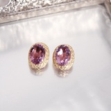 14k Gold & Amethyst earing, Set With Oval 16x12mm Purple/Peach Colored Amethyst