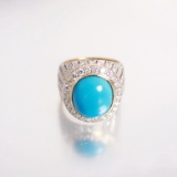 18k White Gold/Turquoise Ring, Oval 14x12mm Tibetan Turquoise, With 1 Carat Of Accent Diamonds
