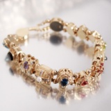 14k Gold & Gemstone, Heavy, Custom Gemstone Bracelet Set With Sky Blue Topaz, Onyx, Tanzan