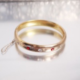 10k Gold/Diamond/Ruby, Hollow Ware Hinged Bracelet, Set with 3 Diamonds and 2 Rubies,