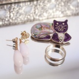 Grouped - Mother Of Pearl and Purple Cat Pin, 14k 88 Gold Ring Band, lavender jade earrings