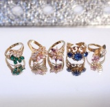 Set 5 Fashion Jewelry Rings - 3 Pink and Gold, 1 Blue and Gold, 1 Green