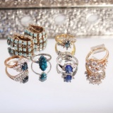 Set Fashion Jewelry - Pair Teal Rhinestone Earrings, 5 Rings; Green/Blue St