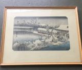 Vintage Snowing Town Scene Print