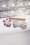 Three Different Pins - Gold 14k Bar Pin, Silver Jeweled Bow Pin, 14k Flower