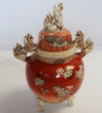 Antique Chinese Red Urn On Pedastles With Lids and Tan Creature Handles