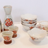 Lot of 3 - Set of Sakis Orange Flowers & 5 Small Blossom Bowls & Tea cup/Sa