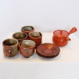 6 Pottery Cups/bowls and Side Handle Teapot, 3 Saucers, All in a Japanese R
