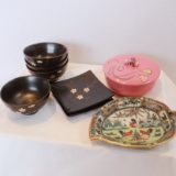 LOT Pink Moriani 1940's Powder Container, 4 Brown Oriental Bowls and 2 Squa