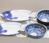 Lot - (2) Fish Platters & (5) Blue Japanese Bowls