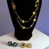 Set 3 - Vintage Estate Jewelry - 2 Pairs Beaded Clip Backs & Beaded Green D