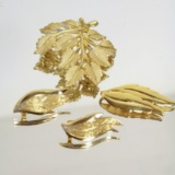 Set - Vintage Estate Jewelry - Trifari Gold Leaf Pin &Pair Gold Monet Leaf