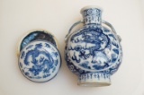 1 Porcelin Snuff Bottle - Blue Dragons, Handles 3.5 x 4.5