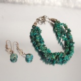 Set - Sterling Silver Turquoise Bead Bracelet & Pair Turquiose Bead Earring