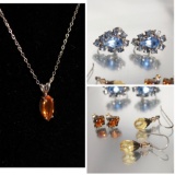 Set 4 - Vintage Hessoite Stone Necklace & Vintage Blue Fashion Jewelry Earr