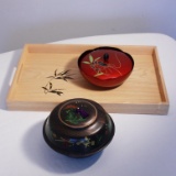 Lot - Wooden Tea Tray & 2 Japanese Bowls W/ Lids