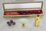 Set of Chopsticks, 4 Painted Beads, Oriental Miniture Vase, and Jade Phinia
