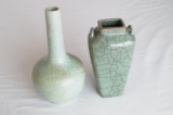 (2) Chinese Crackled Bottle Neck Vase Green AND Crackled Green Jar Vase Wit