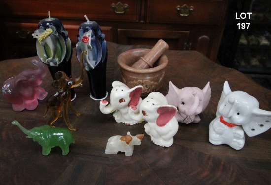 GLASS COLLECTABLE ELEPHANT FIGURINES, SLAT AND PEPPER SHAKERS & MISC
