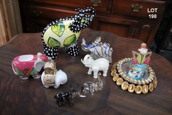 7 COLLECTABLE GLASS ELEPHANTS, GLASS MONKEY