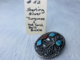 Sterling Silver Turquoise & Red Coral Belt Buckle