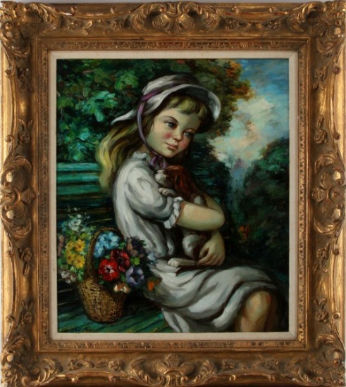 JOSE BUIGAS GIRL WITH PUPPY OIL ON CANVAS PAINTING