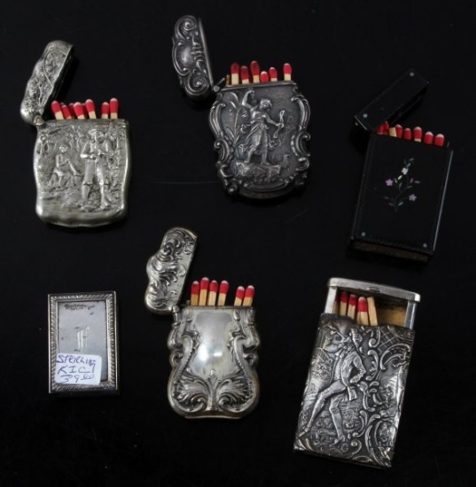 SILVER MATCH SAFE AND MATCHBOX HOLDER LOT OF 6