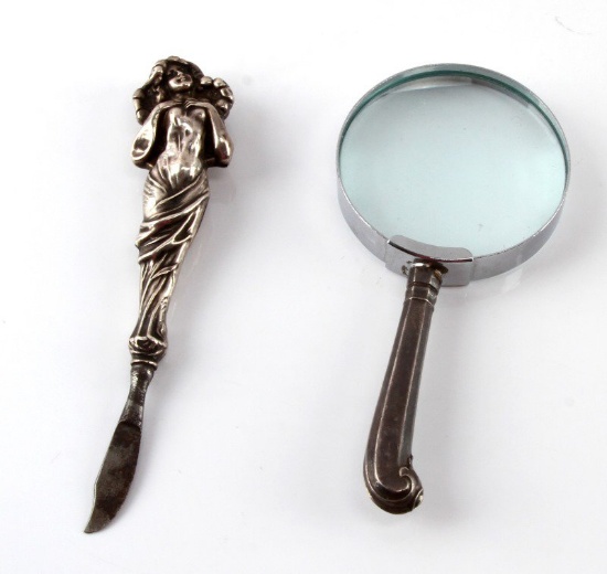 ANTIQUE SILVER FRUIT KNIFE AND MAGNIFYING GLASS