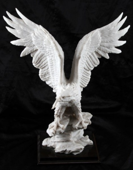 SIGNED WHITE MARBLE EAGLE SCULPTURE W STAND