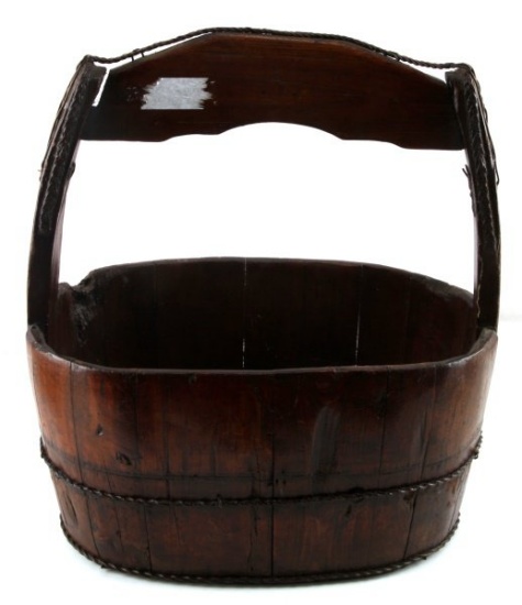 PRIMITIVE WOODEN FIXED HANDLE RICE BUCKET