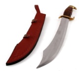 SCIMITAR STYLE WIDE TIP KNIFE AND LEATHER SHEATH